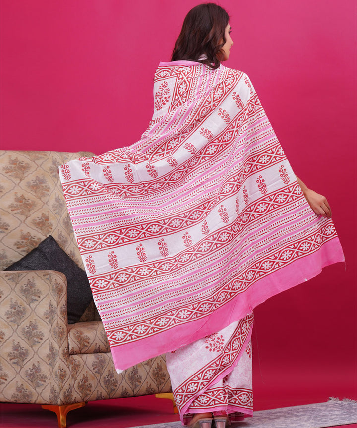 White pink cotton hand block sanganeri printed saree