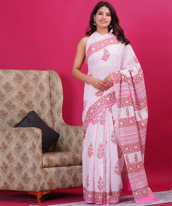 White pink cotton hand block sanganeri printed saree