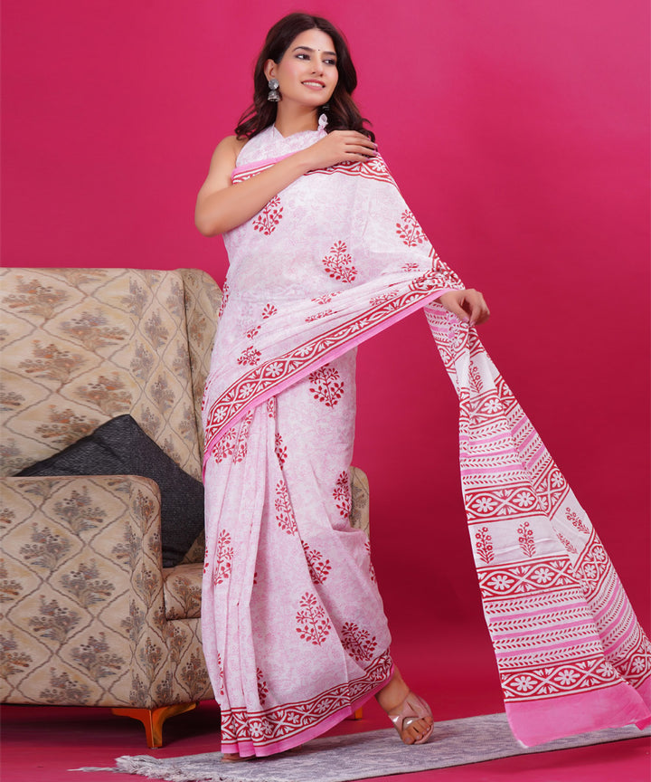 White pink cotton hand block sanganeri printed saree