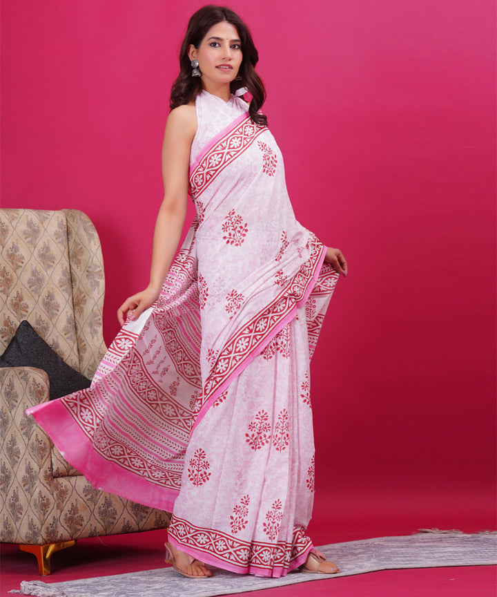 White pink cotton hand block sanganeri printed saree