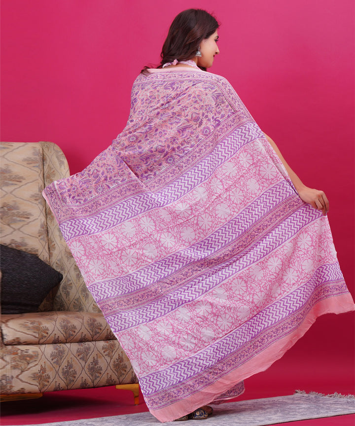 Purple cyan blue cotton hand block sanganeri printed saree
