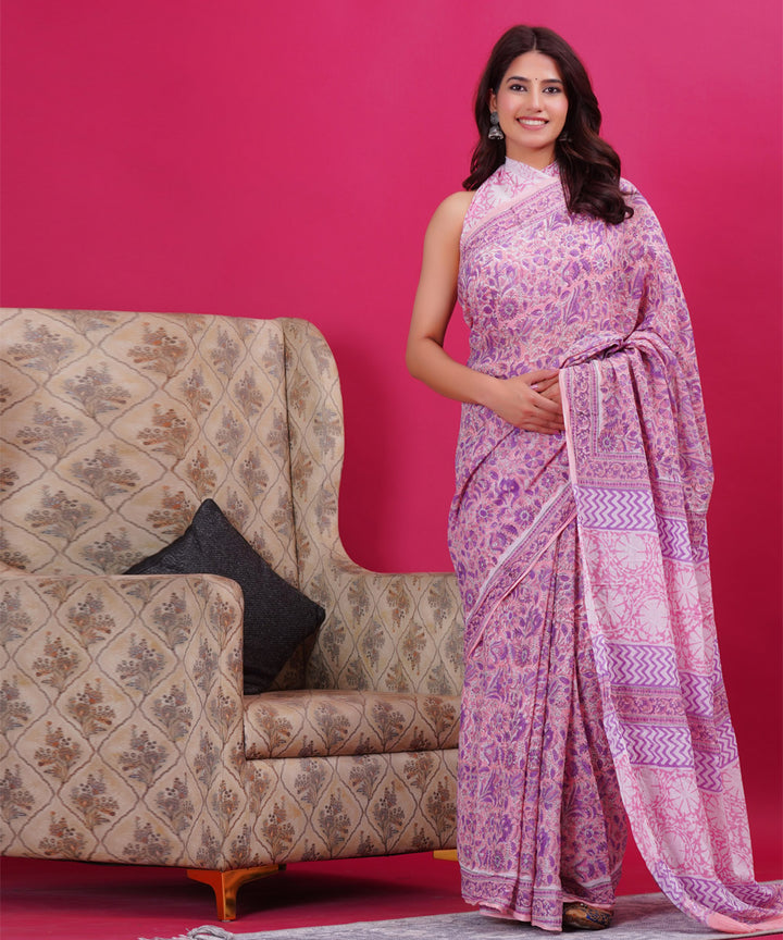 Purple cyan blue cotton hand block sanganeri printed saree