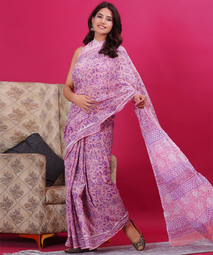 Purple cyan blue cotton hand block sanganeri printed saree