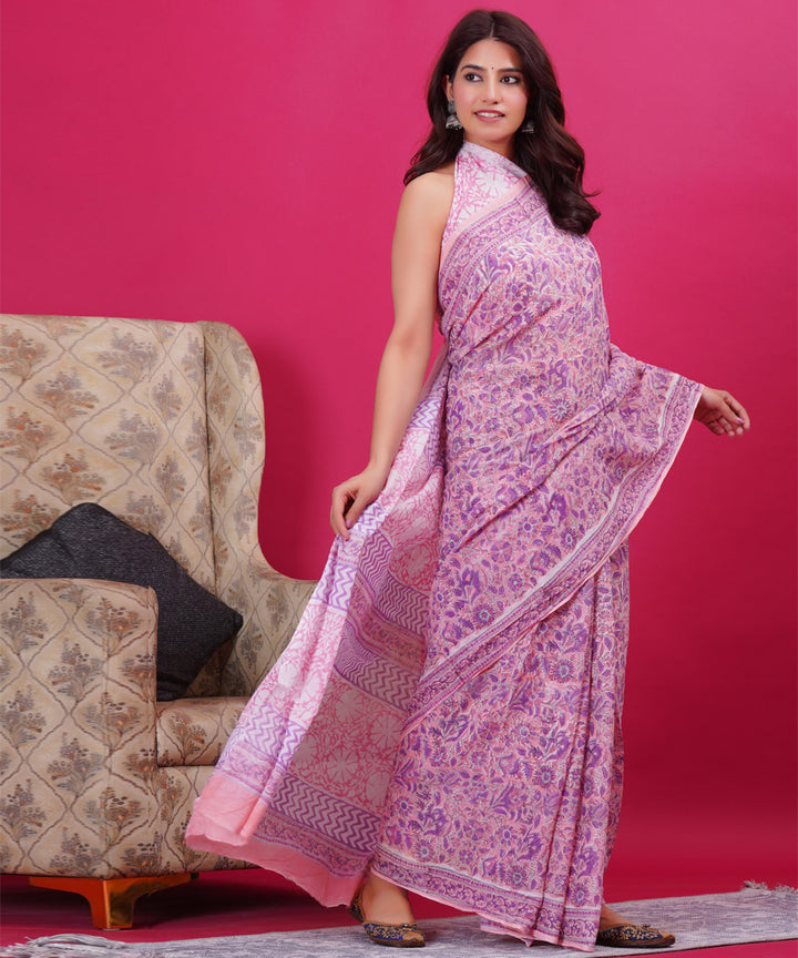 Purple cyan blue cotton hand block sanganeri printed saree