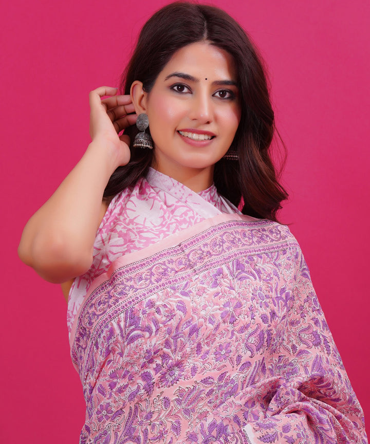 Purple cyan blue cotton hand block sanganeri printed saree