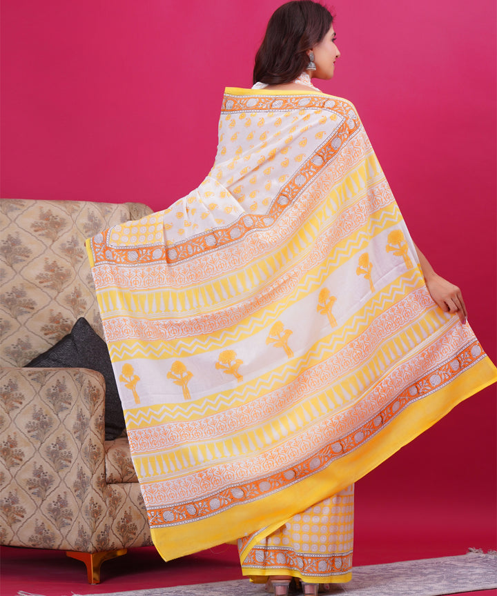 White yellow hand block cotton sanganeri printed saree