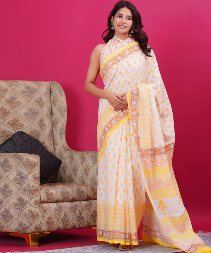 White yellow hand block cotton sanganeri printed saree