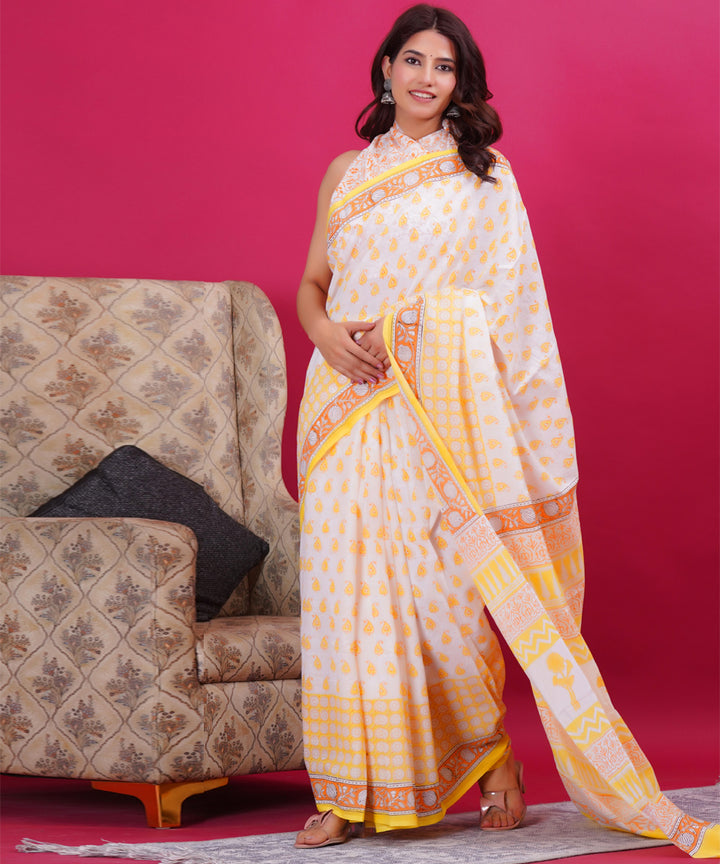 White yellow hand block cotton sanganeri printed saree