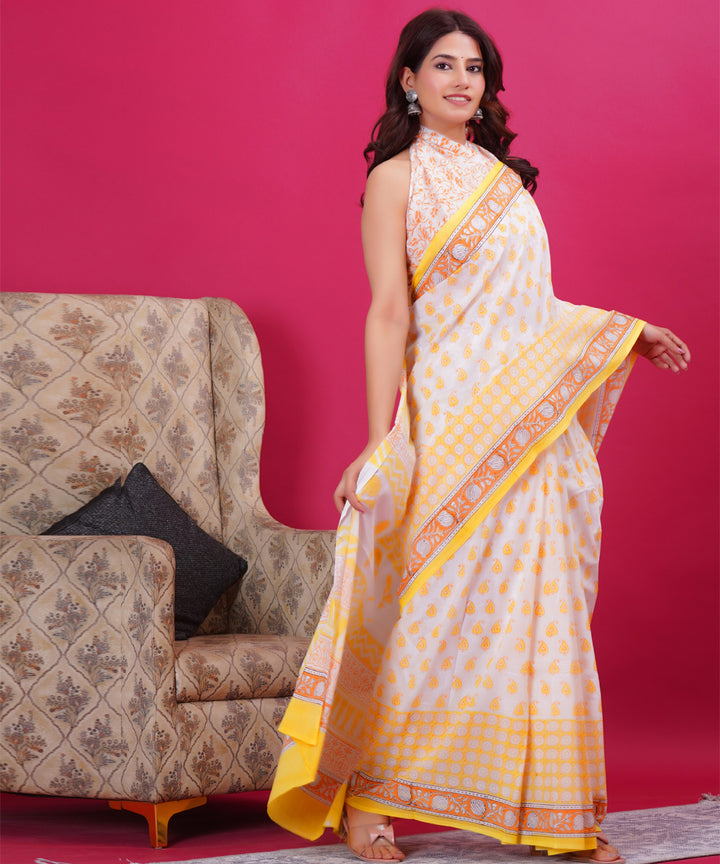 White yellow hand block cotton sanganeri printed saree