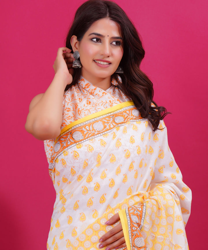 White yellow hand block cotton sanganeri printed saree