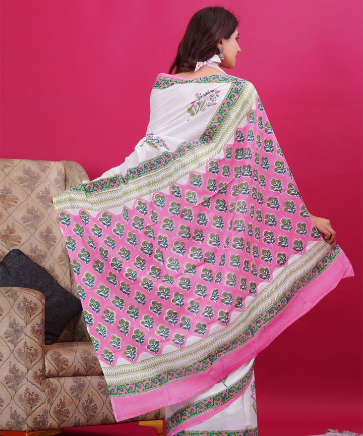 White cyan blue cotton hand block sanganeri printed saree