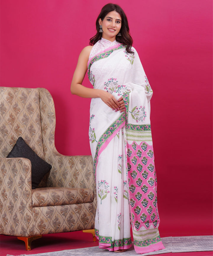 White cyan blue cotton hand block sanganeri printed saree