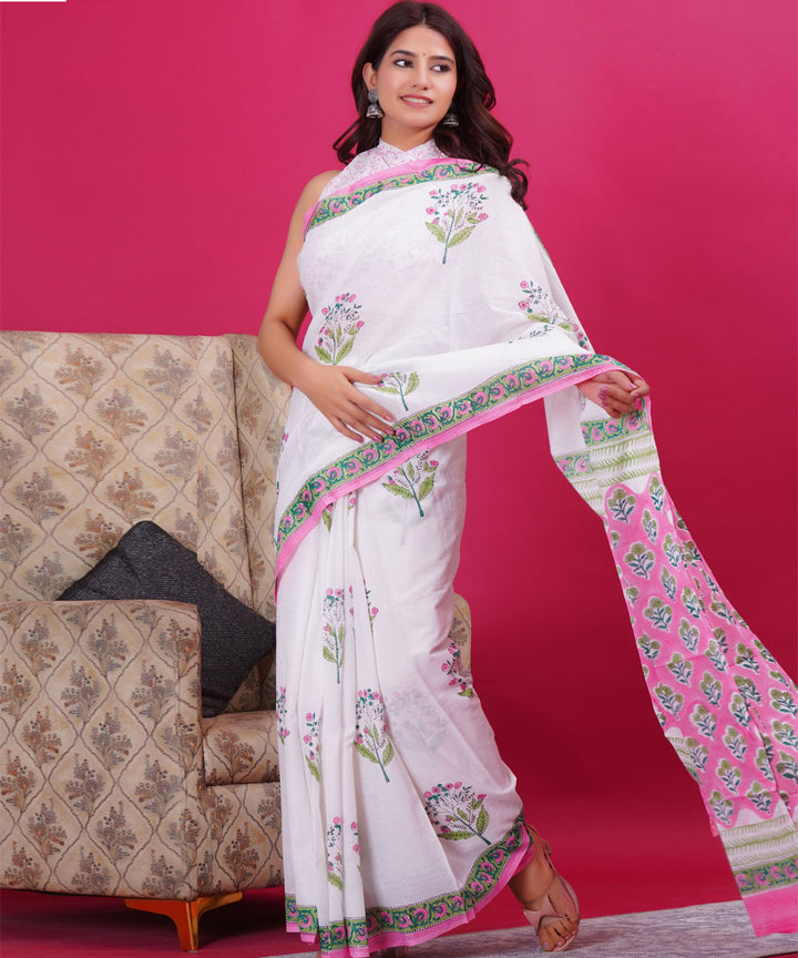 White cyan blue cotton hand block sanganeri printed saree