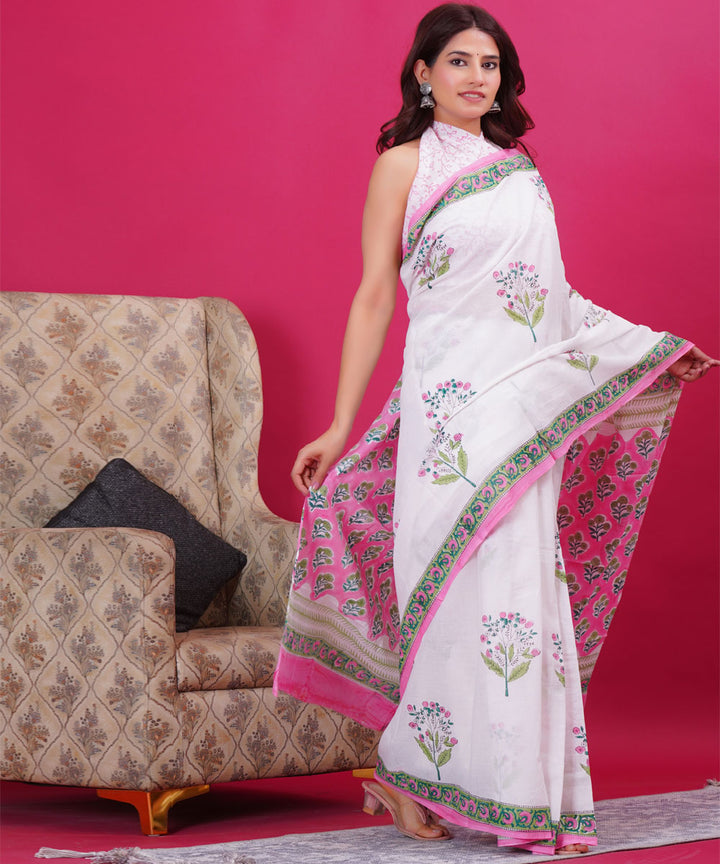White cyan blue cotton hand block sanganeri printed saree