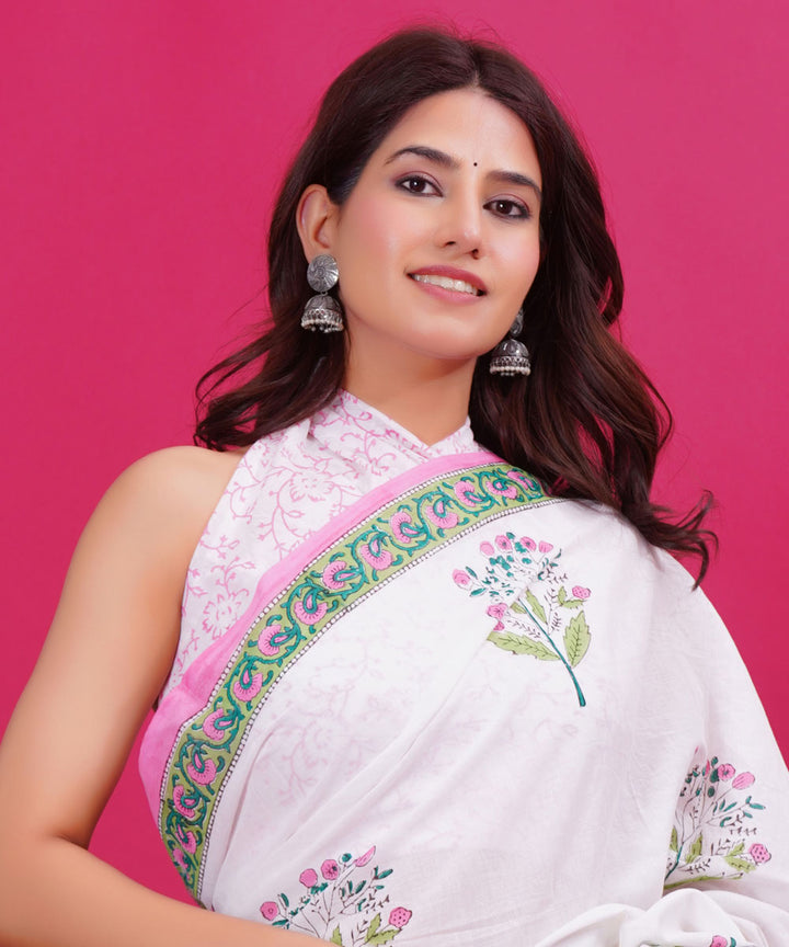 White cyan blue cotton hand block sanganeri printed saree