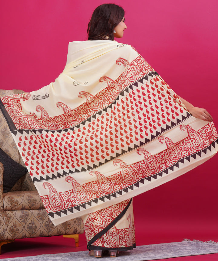Cream red cotton hand block sanganeri printed saree