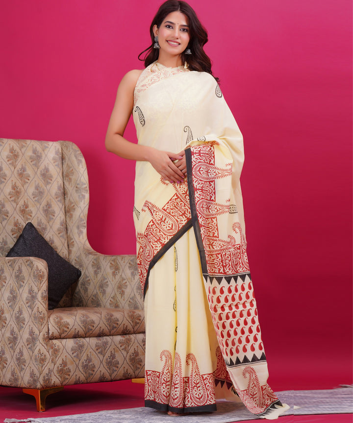 Cream red cotton hand block sanganeri printed saree
