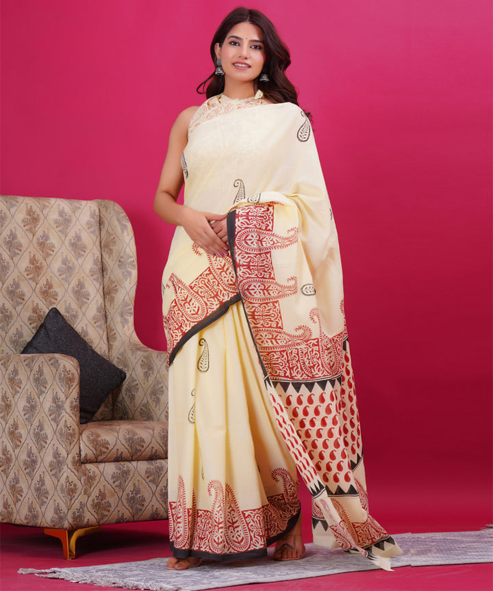 Cream red cotton hand block sanganeri printed saree