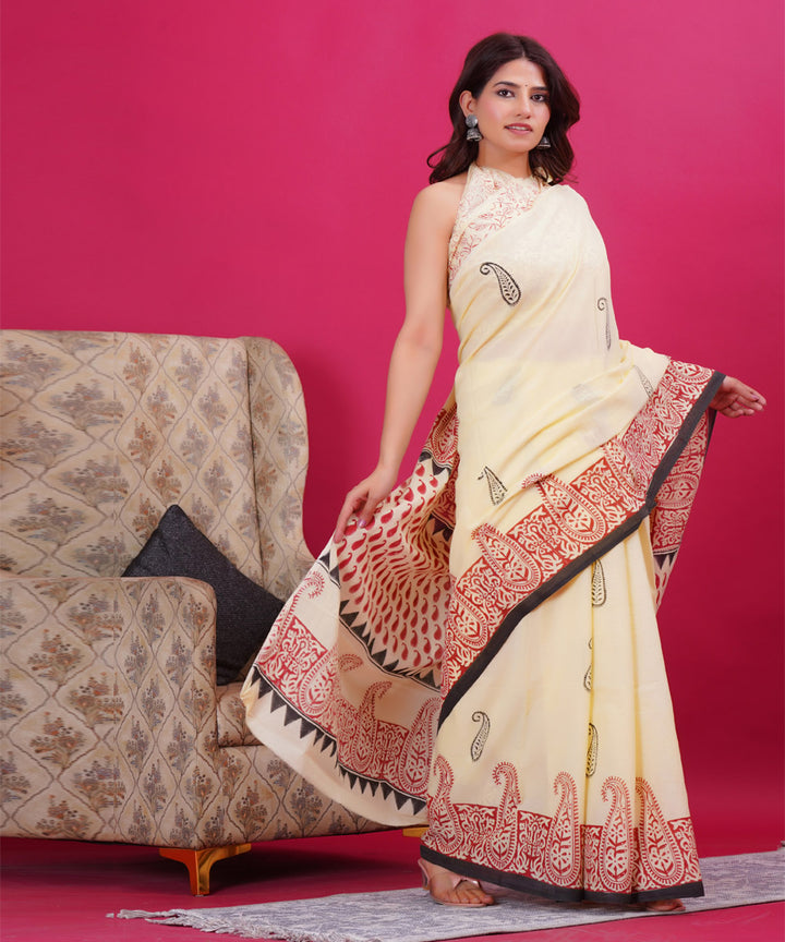 Cream red cotton hand block sanganeri printed saree