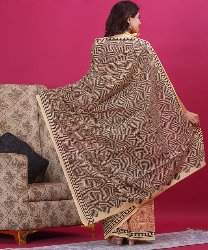 Grey yellow cotton hand block sanganeri printed saree