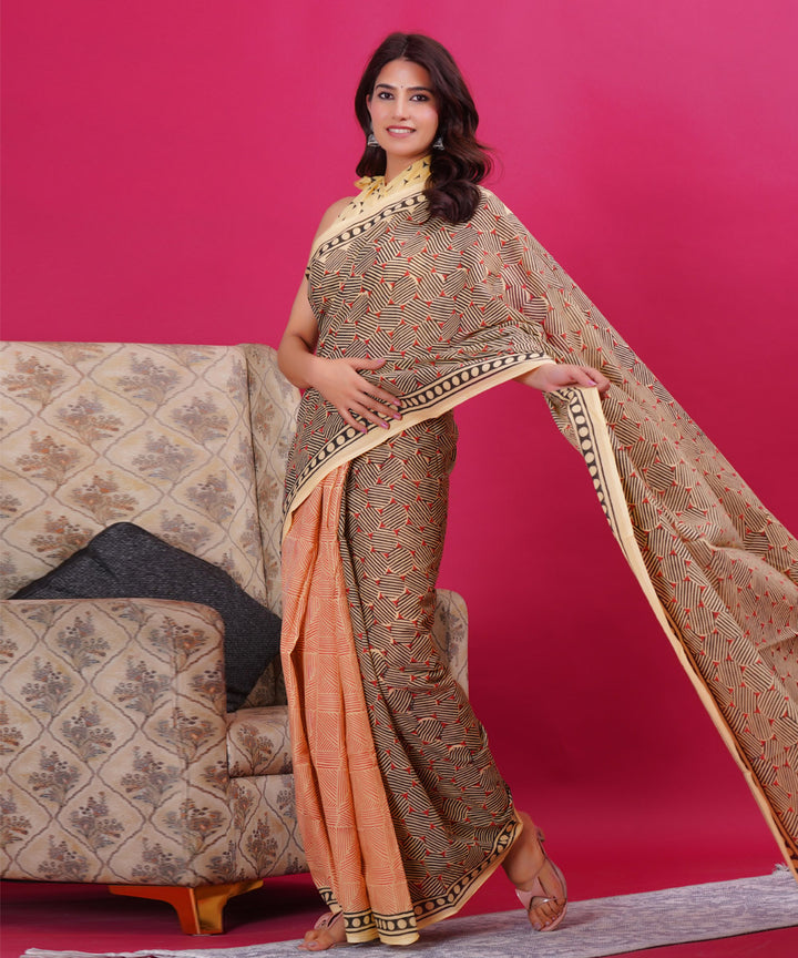 Grey yellow cotton hand block sanganeri printed saree