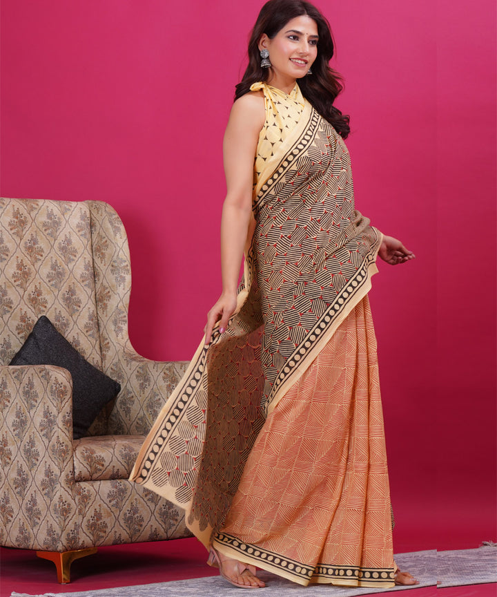 Grey yellow cotton hand block sanganeri printed saree