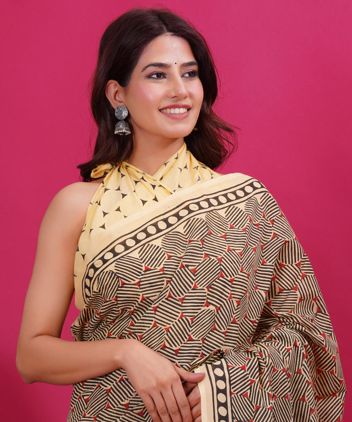 Grey yellow cotton hand block sanganeri printed saree