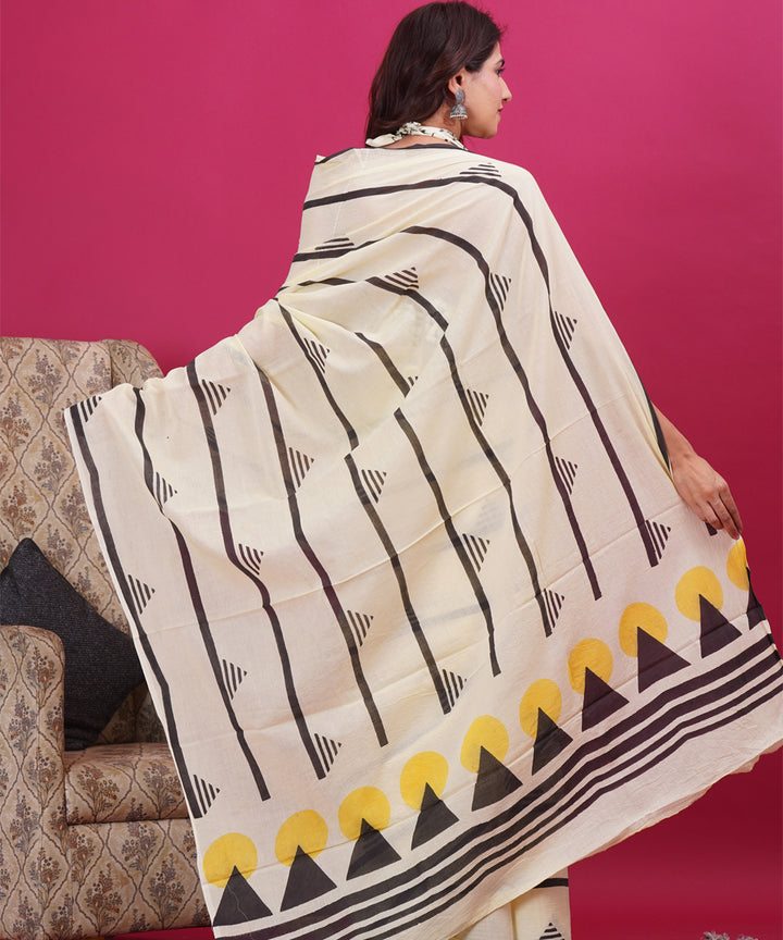 Cream black cotton hand block sanganeri printed saree