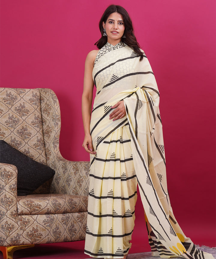 Cream black cotton hand block sanganeri printed saree