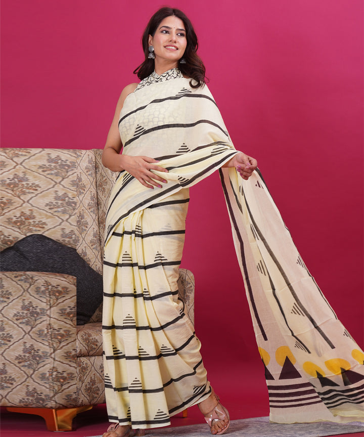 Cream black cotton hand block sanganeri printed saree
