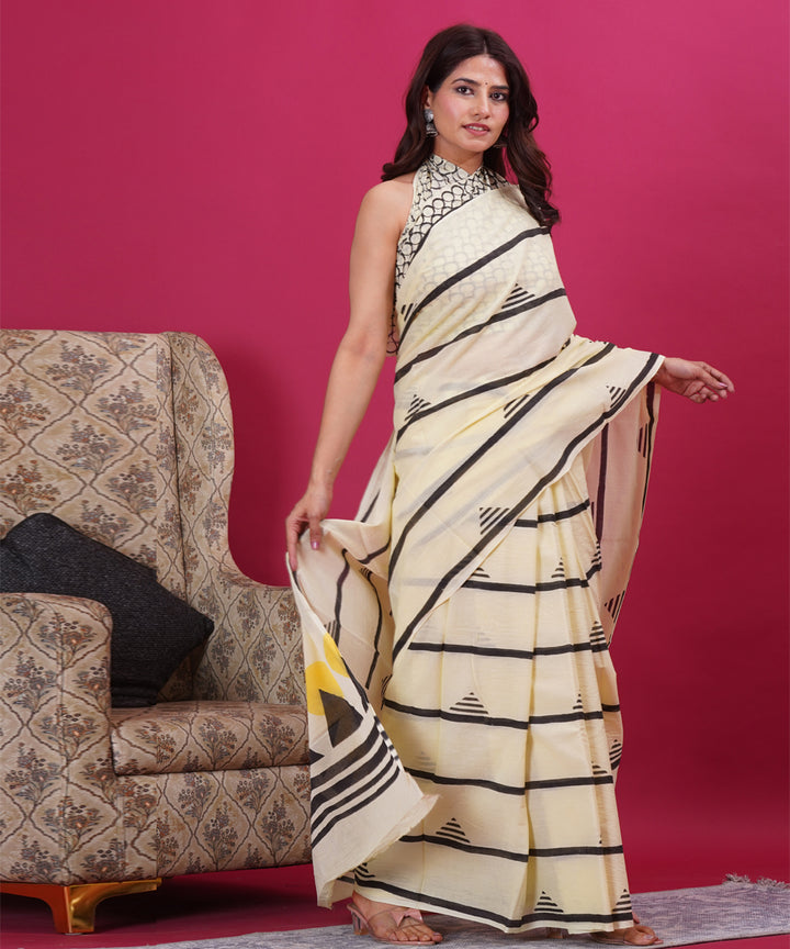 Cream black cotton hand block sanganeri printed saree