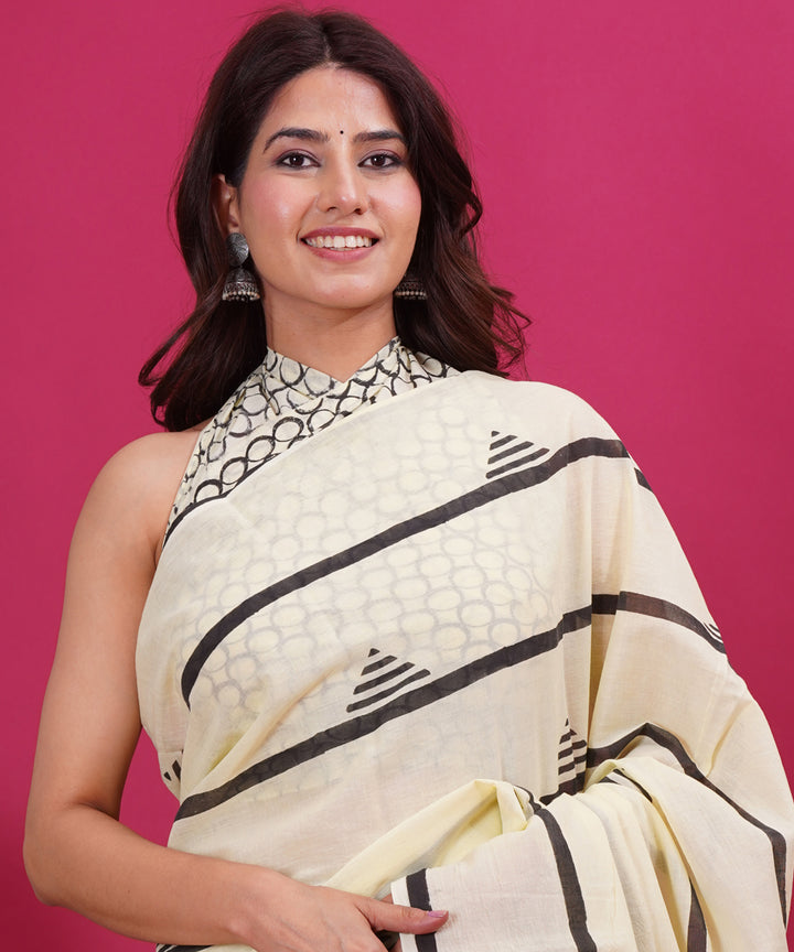 Cream black cotton hand block sanganeri printed saree