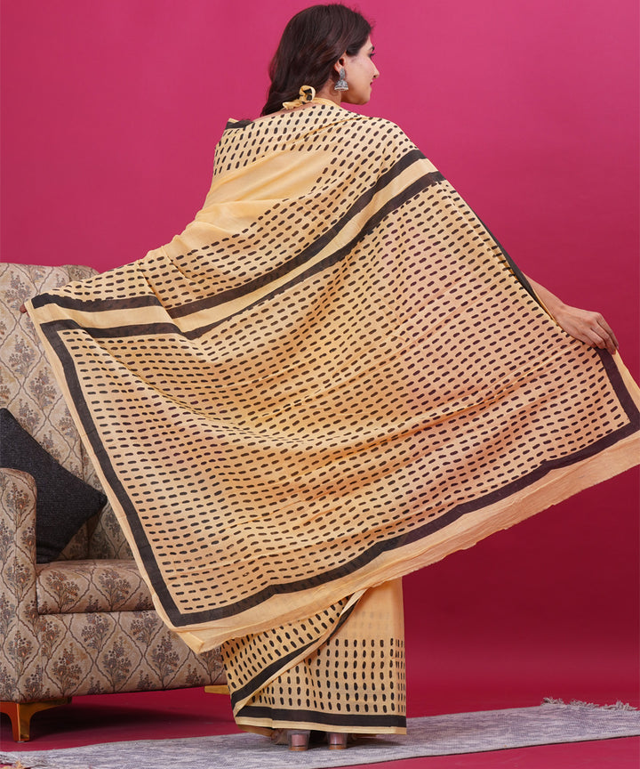 Yellow black hand block sanganeri cotton printed saree
