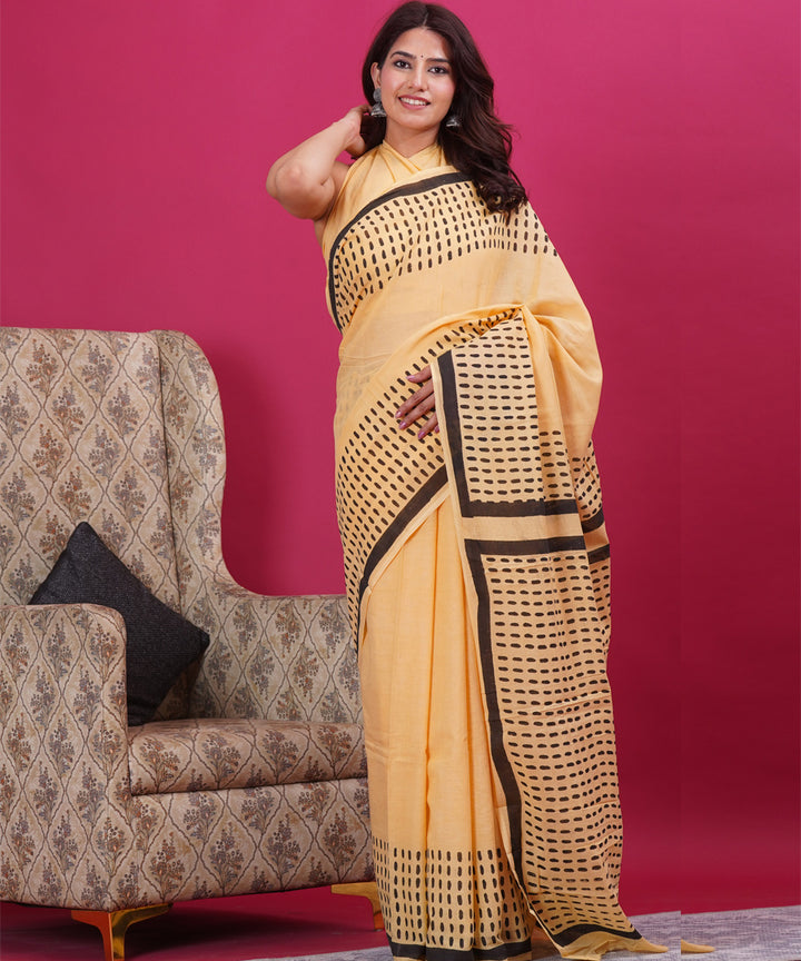 Yellow black hand block sanganeri cotton printed saree