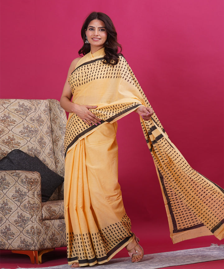 Yellow black hand block sanganeri cotton printed saree