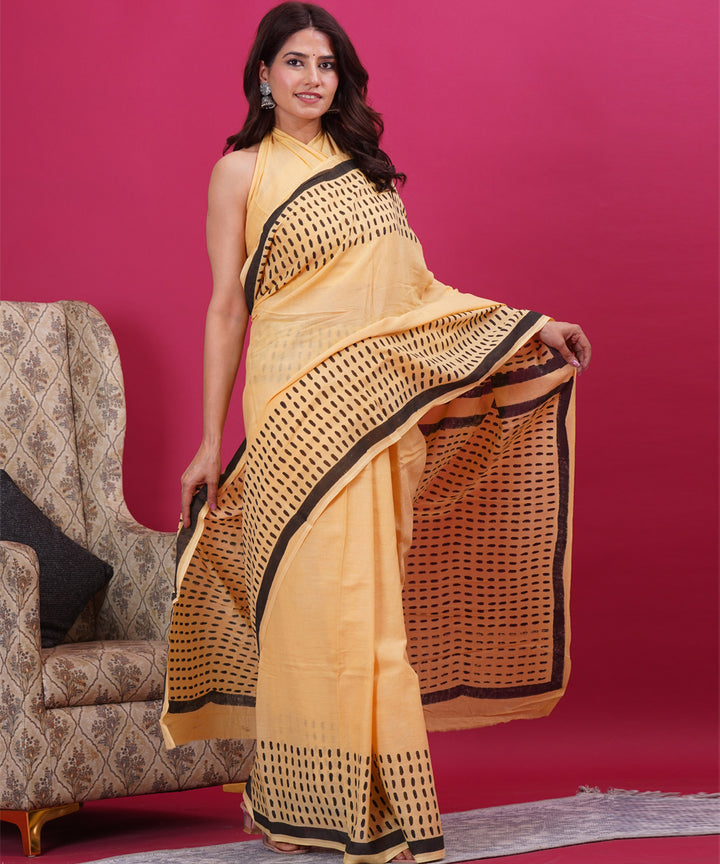 Yellow black hand block sanganeri cotton printed saree