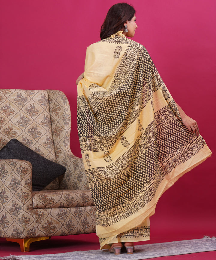 Yellow grey hand block sanganeri printed cotton saree