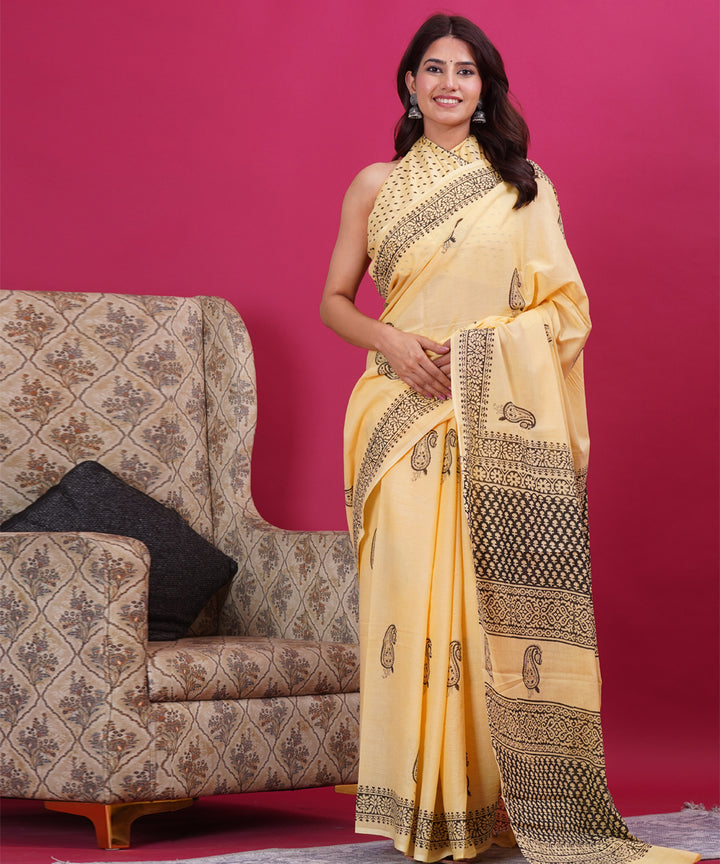 Yellow grey hand block sanganeri printed cotton saree