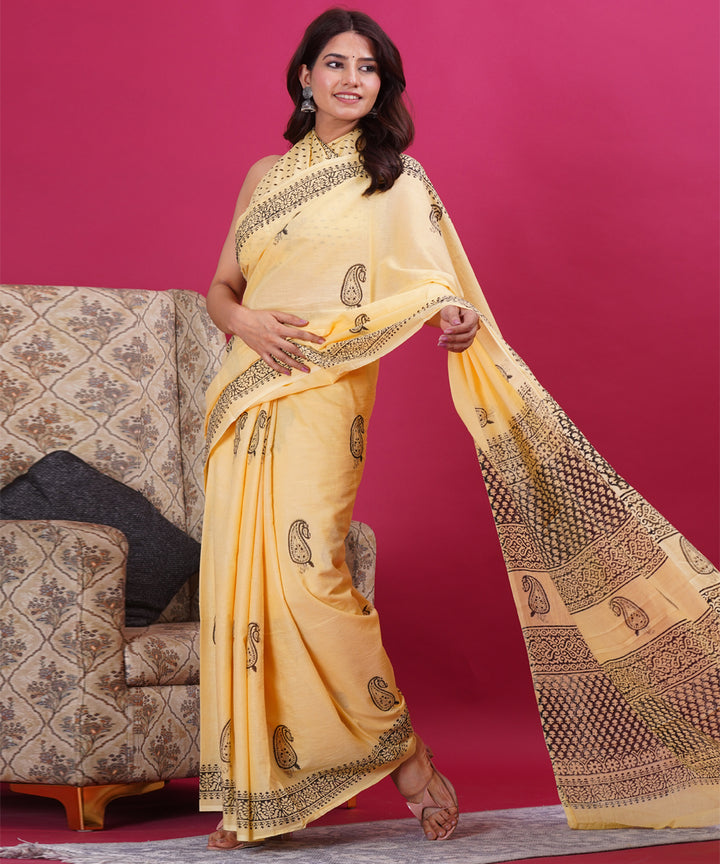 Yellow grey hand block sanganeri printed cotton saree