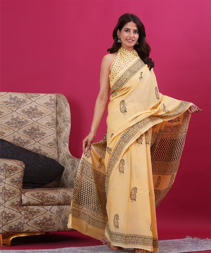 Yellow grey hand block sanganeri printed cotton saree