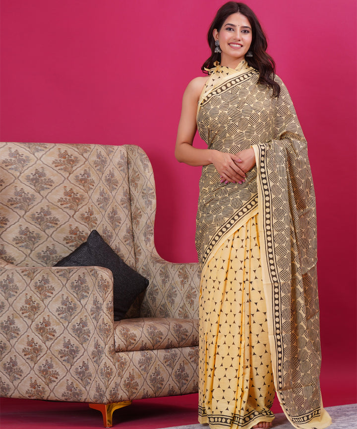 Yellow grey cotton hand block sanganeri printed saree
