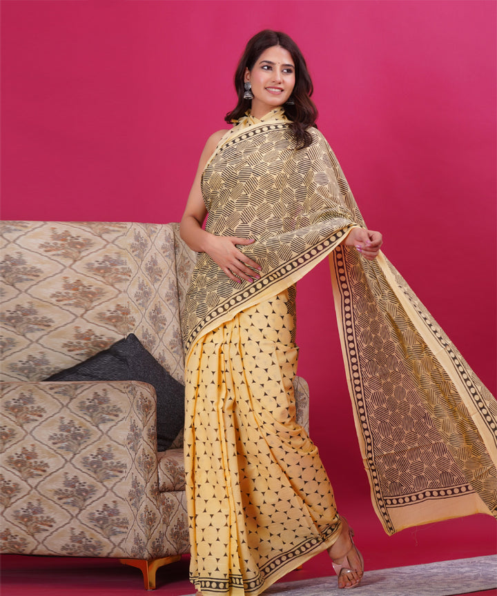 Yellow grey cotton hand block sanganeri printed saree