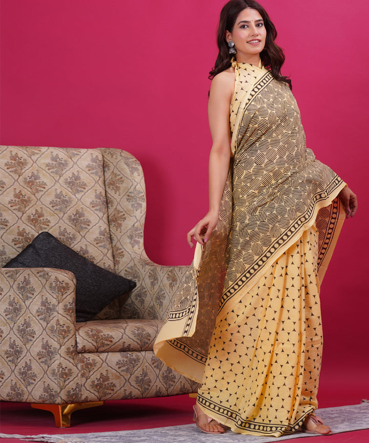 Yellow grey cotton hand block sanganeri printed saree