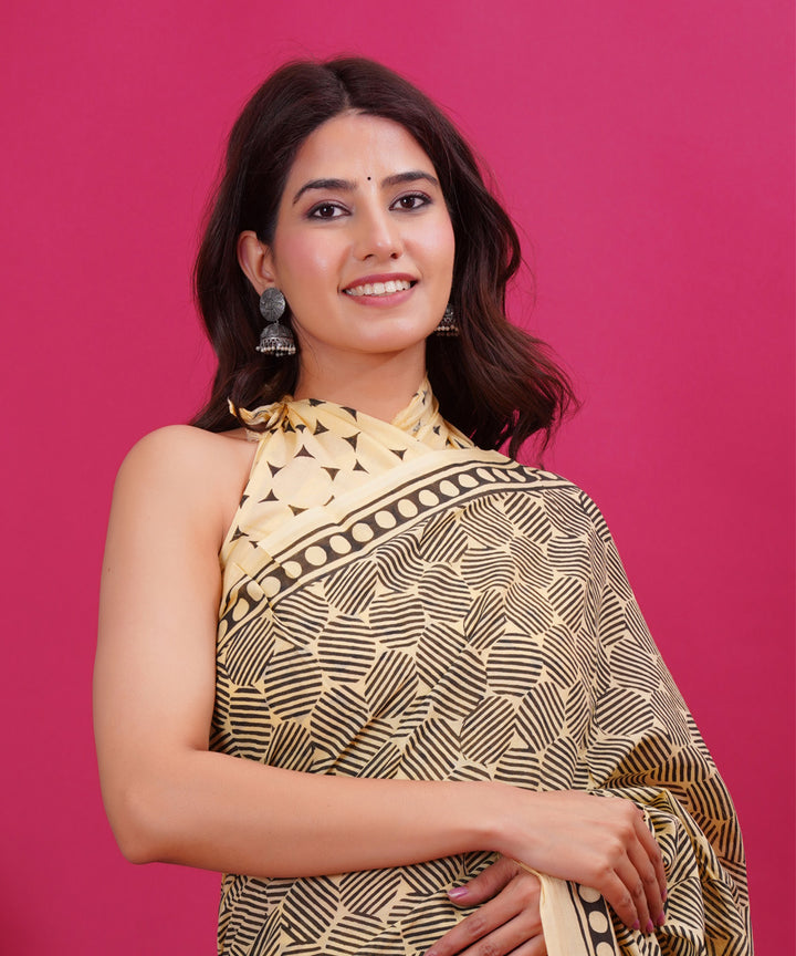 Yellow grey cotton hand block sanganeri printed saree