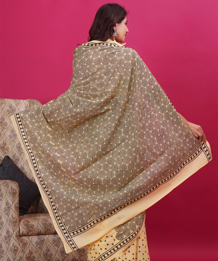 Yellow grey cotton hand block sanganeri printed saree
