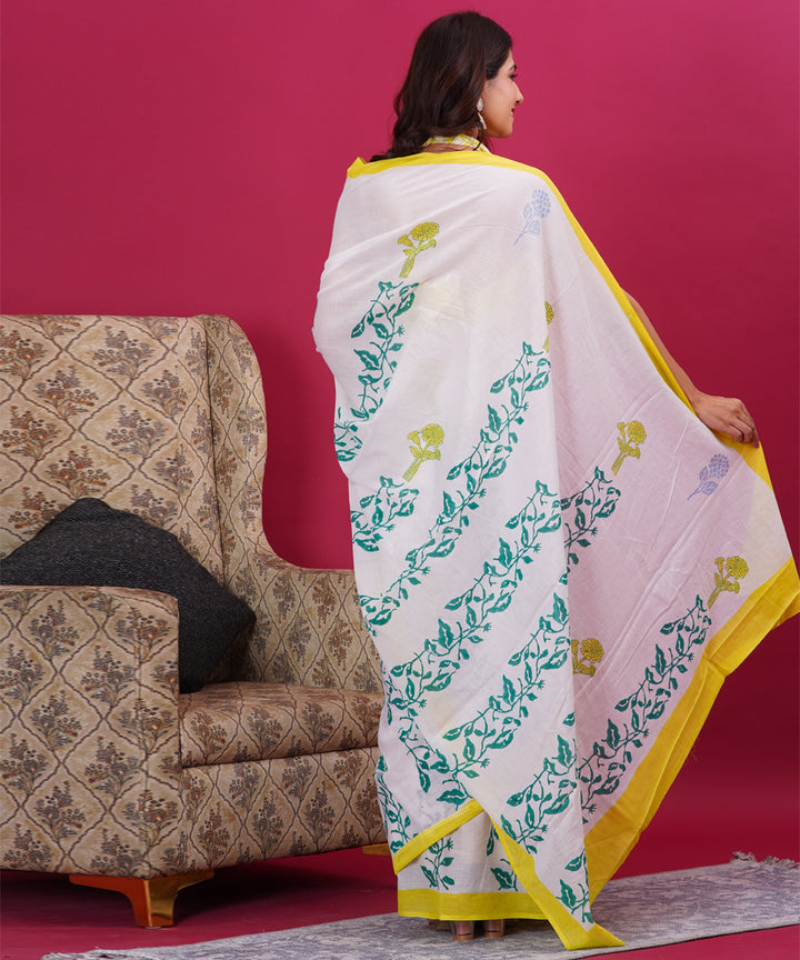 White yellow cotton hand block sanganeri printed saree