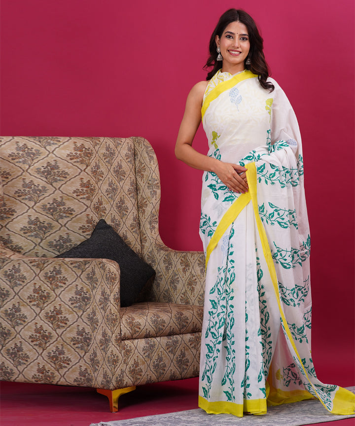 White yellow cotton hand block sanganeri printed saree