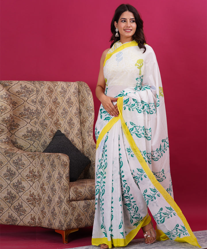 White yellow cotton hand block sanganeri printed saree