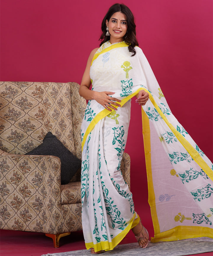 White yellow cotton hand block sanganeri printed saree