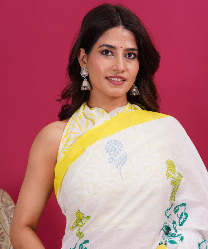 White yellow cotton hand block sanganeri printed saree